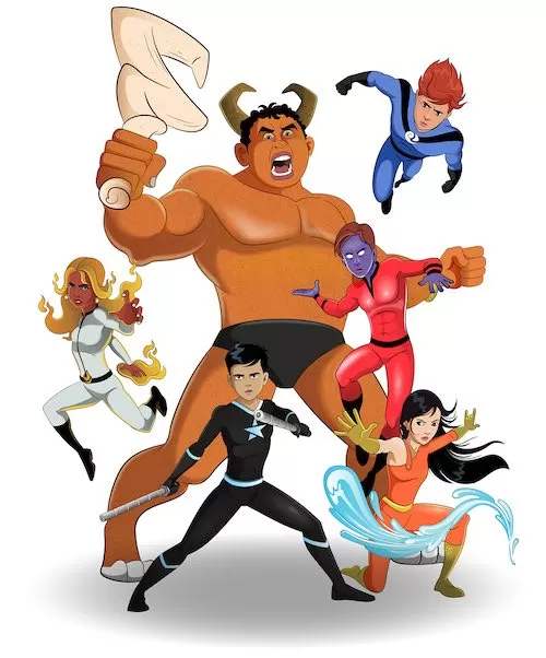 Diverse cartoon superheroes in action poses symbolizing AmazDraw’s creative, innovative team vision.
